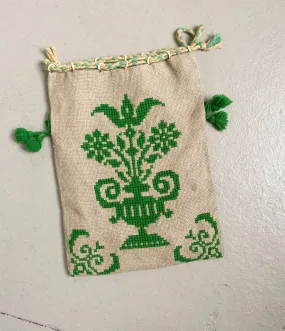 1940s Purse Embroidered Linen Drawstring Bag