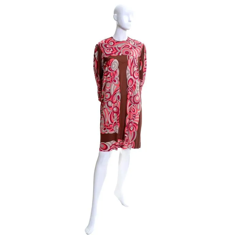 1970's Pucci Vintage Dress Pink & Brown Mod Silk Jersey 8/10