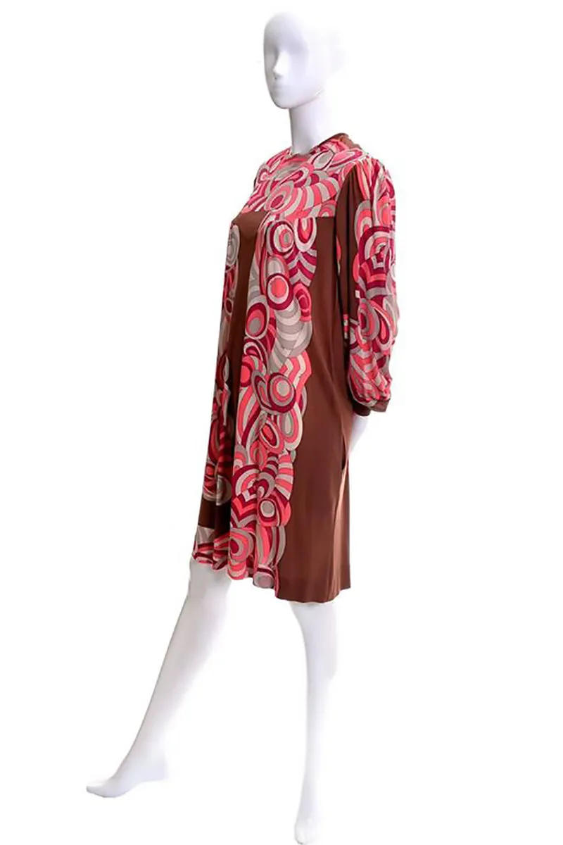 1970's Pucci Vintage Dress Pink & Brown Mod Silk Jersey 8/10