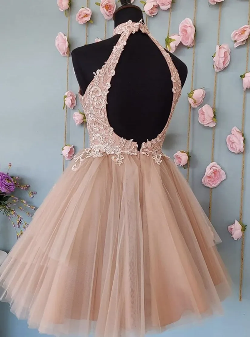 A Line Halter Tulle Lace Short Homecoming Dress