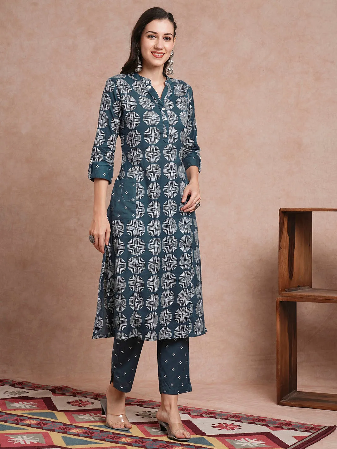 Abstract Floral Printed A-Line Kurta with Pant - Teal Blue