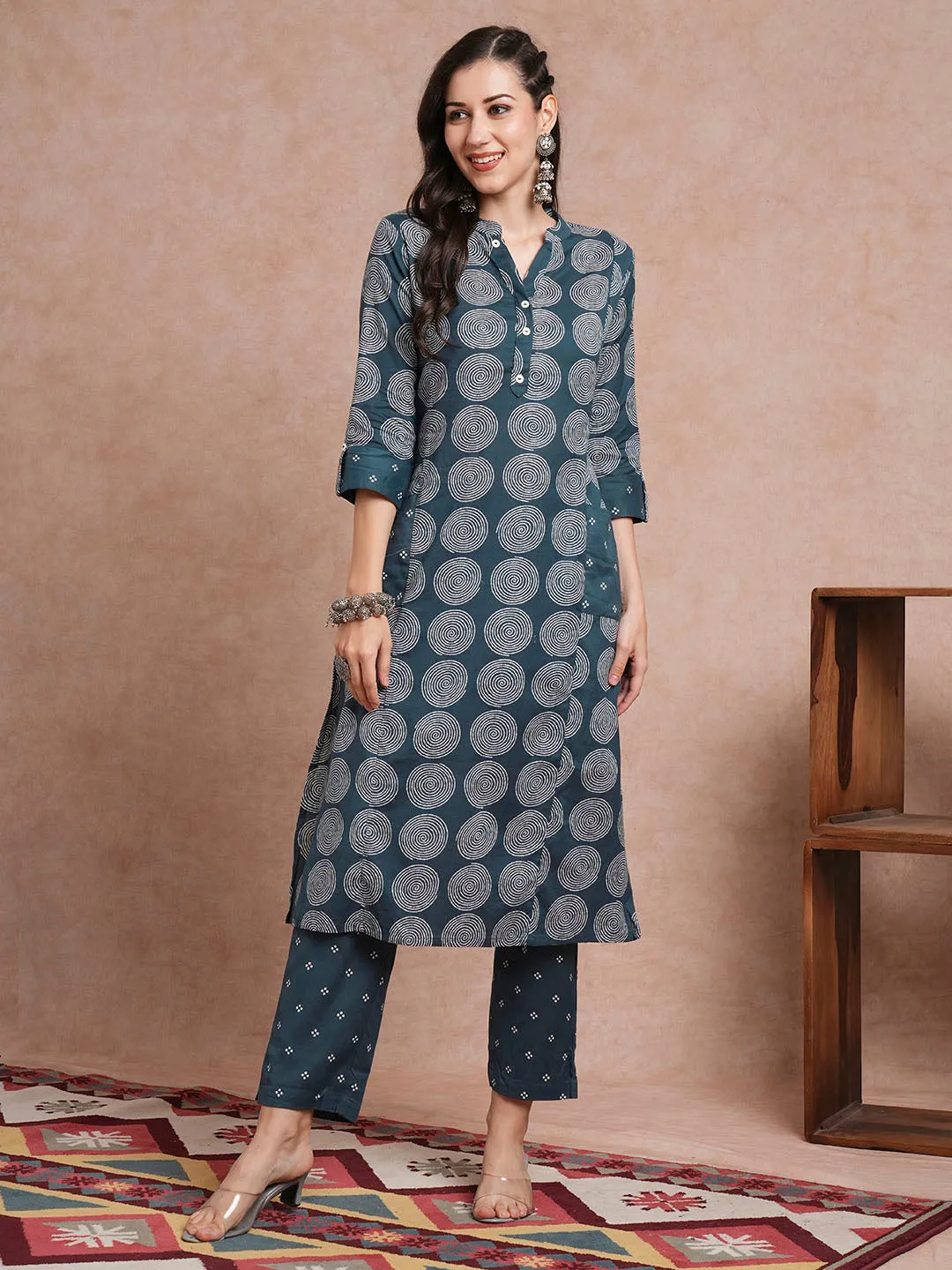 Abstract Floral Printed A-Line Kurta with Pant - Teal Blue