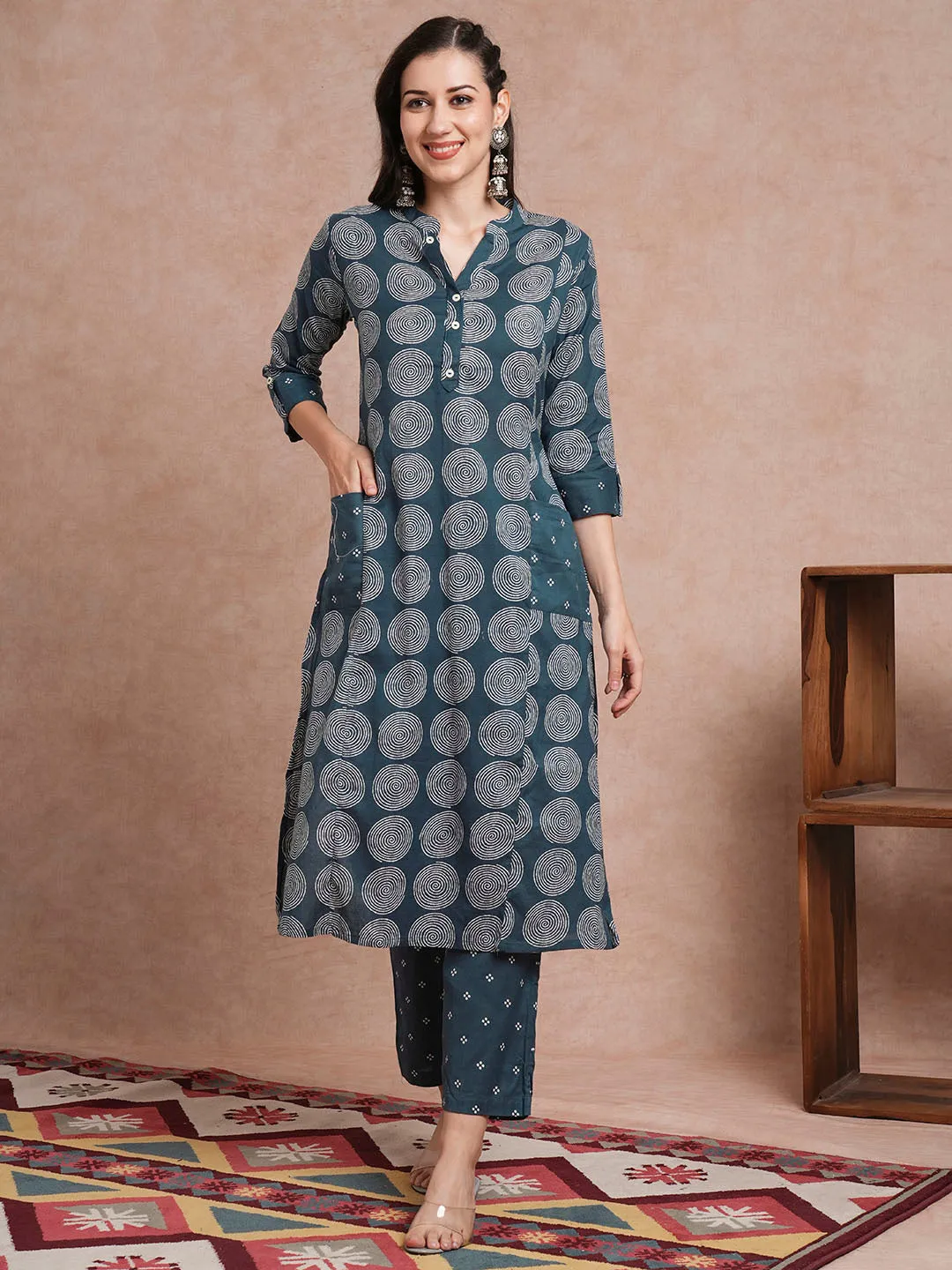 Abstract Floral Printed A-Line Kurta with Pant - Teal Blue