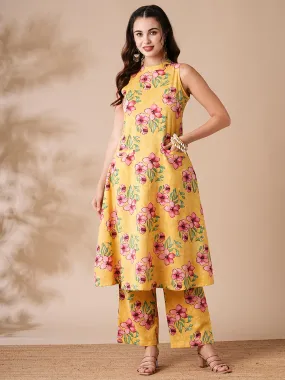 Abstract Floral Printed A-Line Kurta with Pant - Yellow