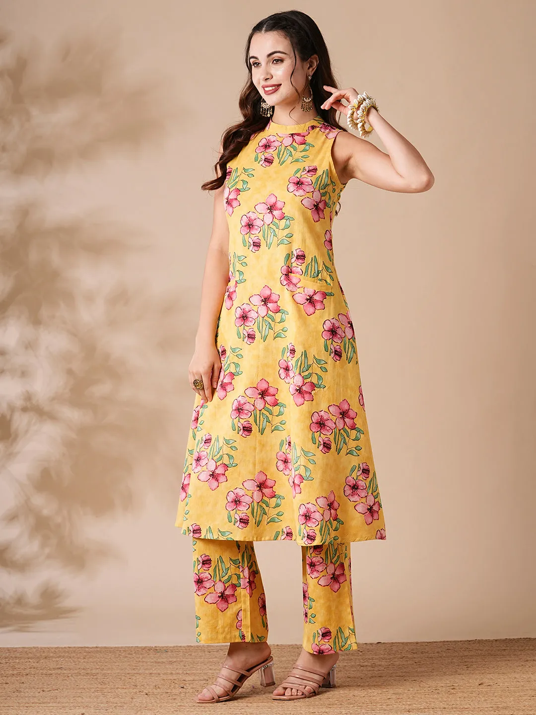 Abstract Floral Printed A-Line Kurta with Pant - Yellow