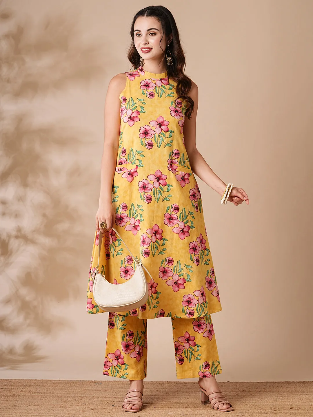 Abstract Floral Printed A-Line Kurta with Pant - Yellow