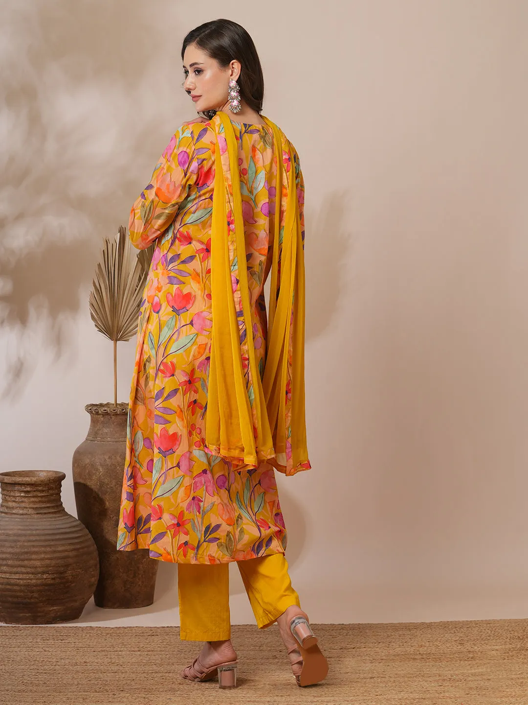 Abstract Floral Printed A-Line Paneled Kurta with Pant & Dupatta - Yellow