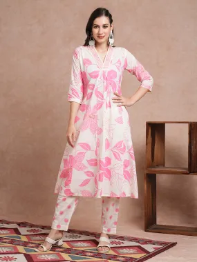 Abstract Floral Printed A-Line Paneled Kurta with Pant - Off White