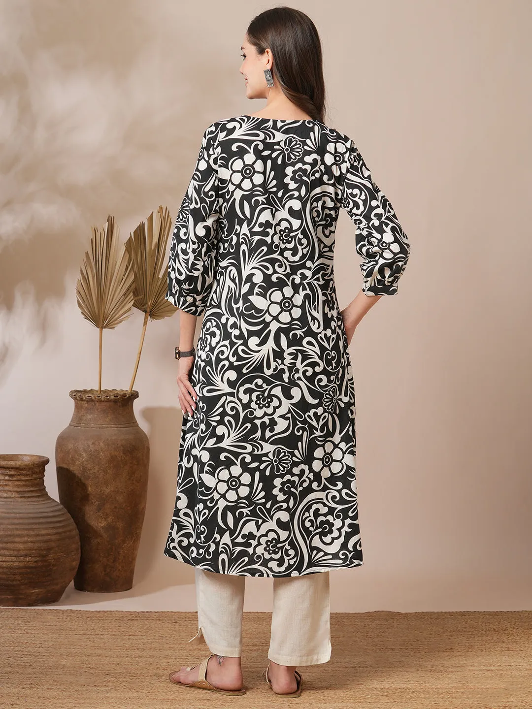 Abstract Floral Printed A-Line Pleated Kurta with Pant - Black