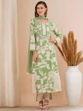 Abstract Floral Printed & Embroidered A-Line Kurta with Pant & Dupatta - Green