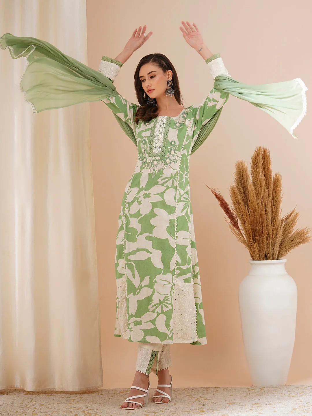 Abstract Floral Printed & Embroidered A-Line Kurta with Pant & Dupatta - Green