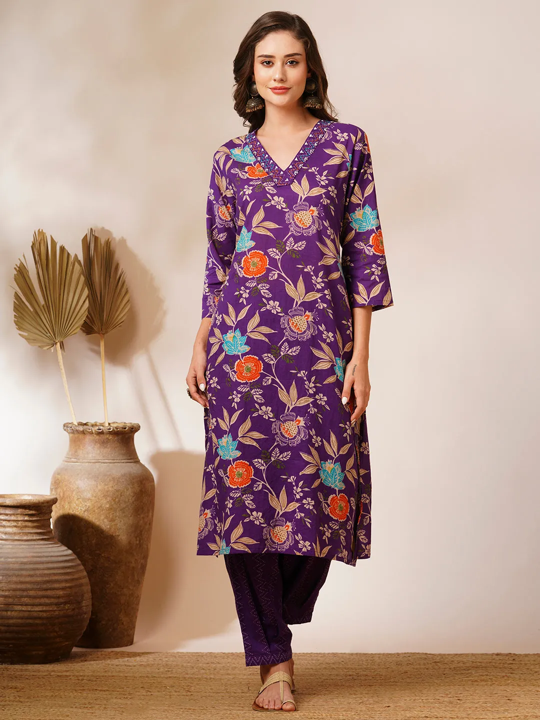 Abstract Floral Printed & Embroidered Straight Fit Kurta with Pant - Deep Purple