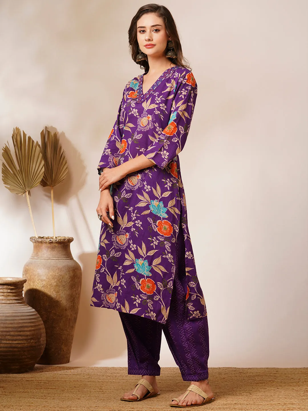 Abstract Floral Printed & Embroidered Straight Fit Kurta with Pant - Deep Purple