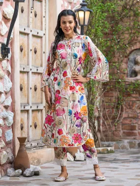 Abstract Floral Printed & Embroidered Straight Kurta with Pant - Cream