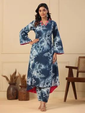 Abstract Printed A-Line Paneled Kurta with Pant - Blue