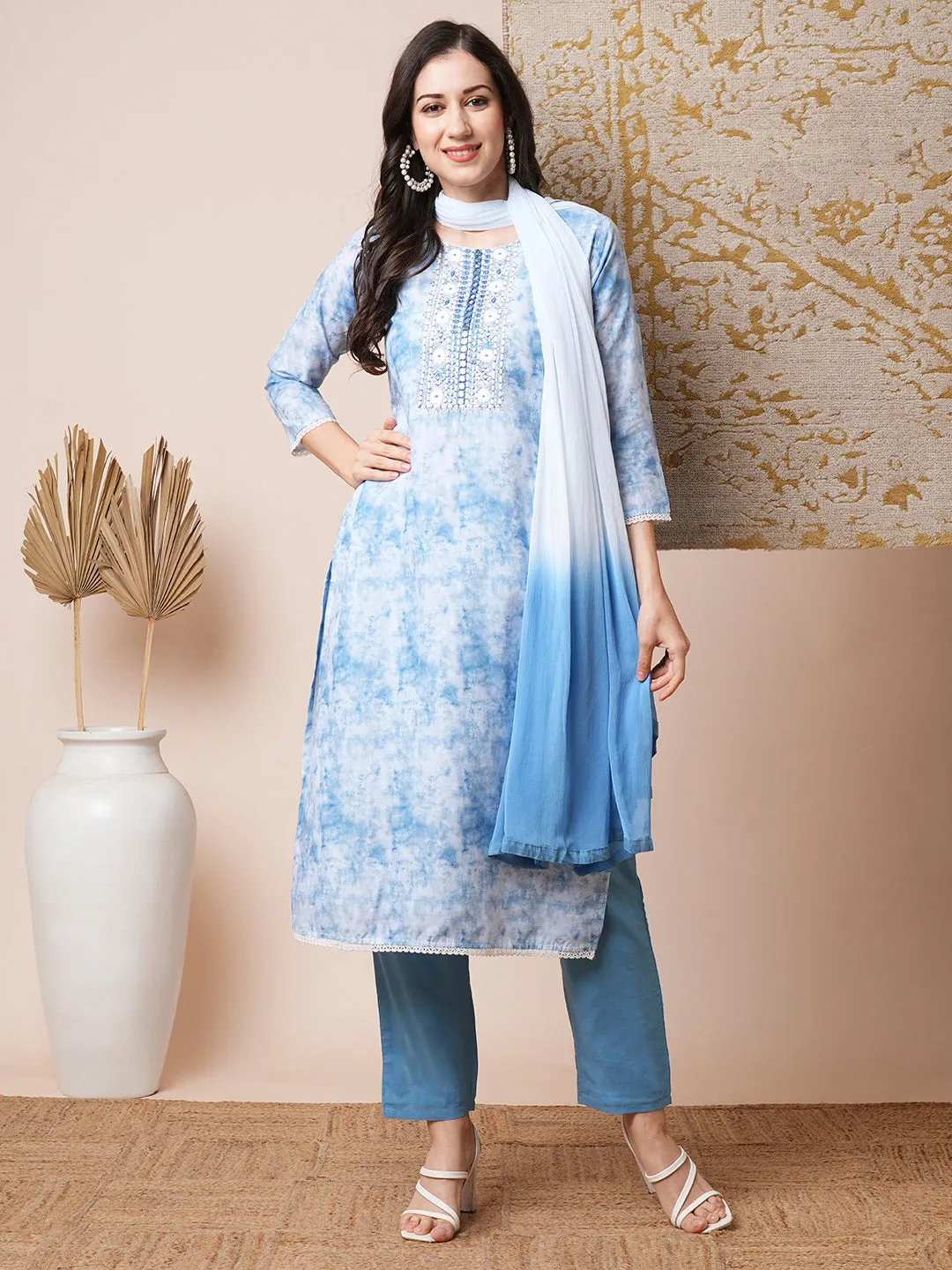 Abstract Printed & Embroidered Straight Fit Kurta with Pant & Dupatta - Blue