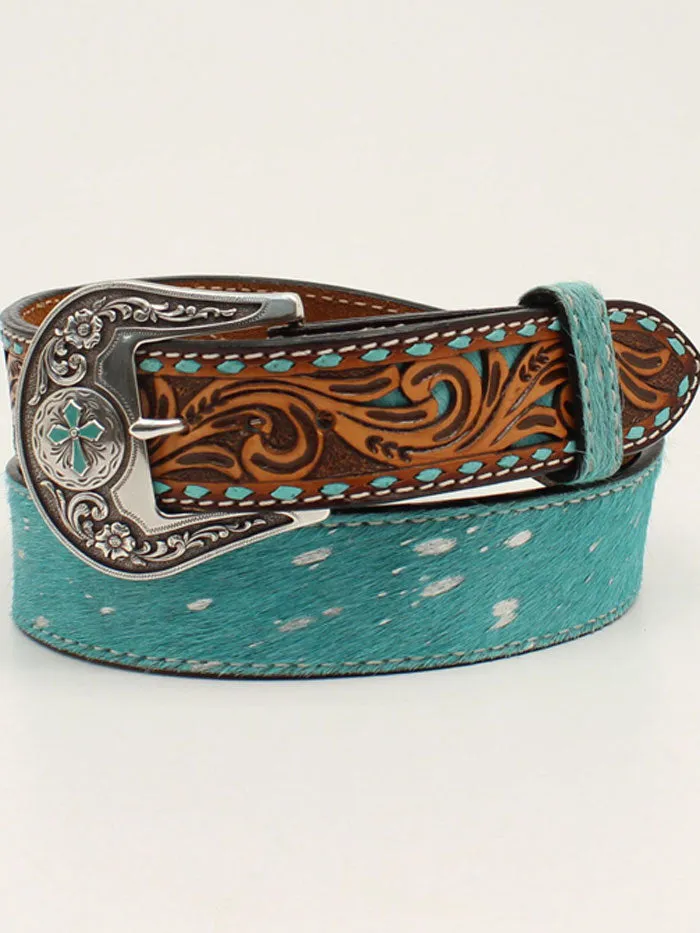 Angel Ranch D140001433 Womens Belt 1 1/2 Buck Stitch Tooled Tabs Calf Hair Turquoise