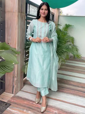 Aqua Chanderi Silk Solid Kurta with Pant and Dupatta