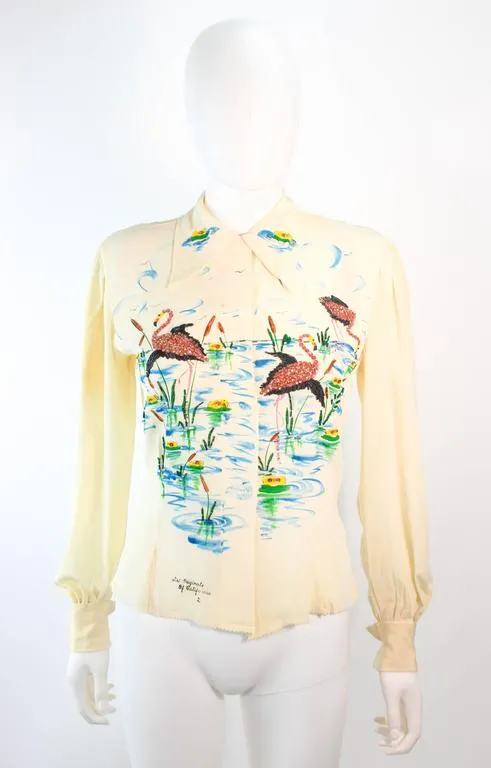 ART ORIGINALS CALIFORNIA 1950s Hand Painted Silk Ivory Blouse