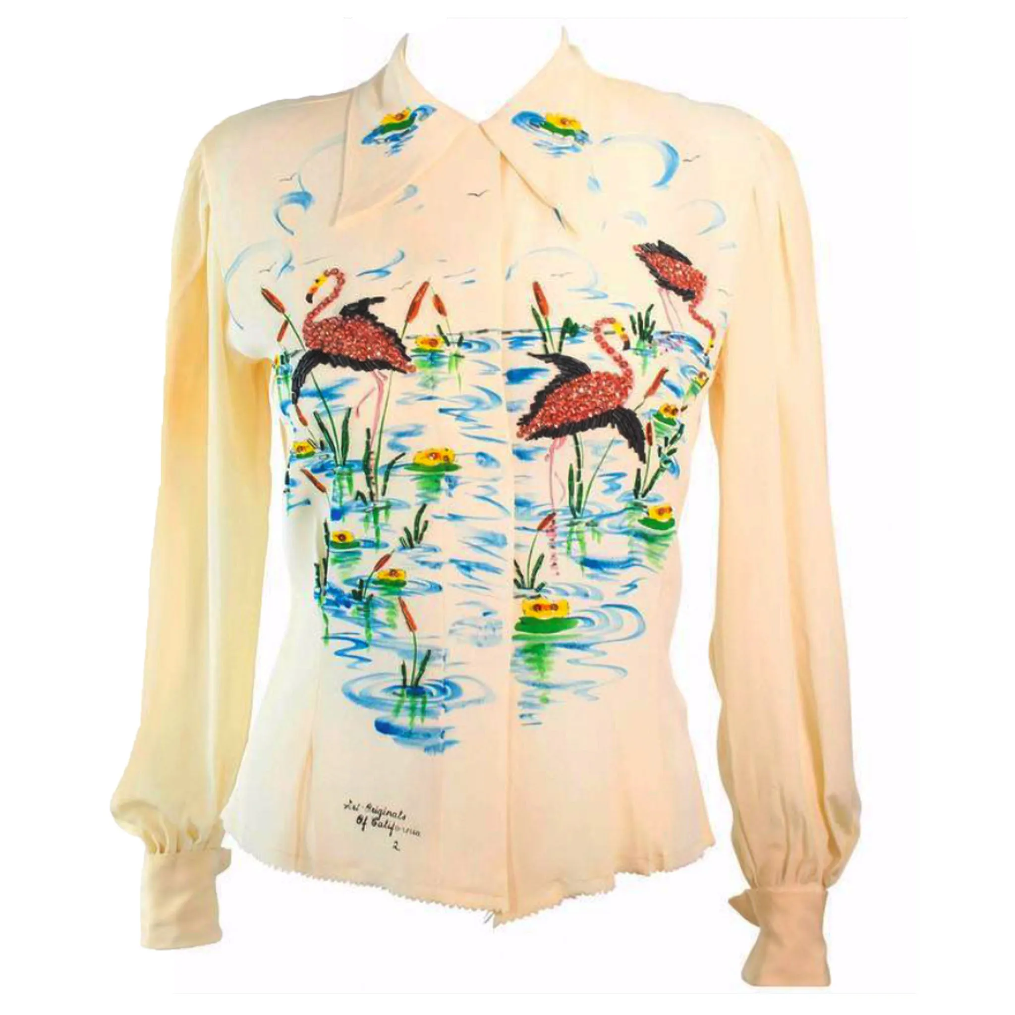 ART ORIGINALS CALIFORNIA 1950s Hand Painted Silk Ivory Blouse