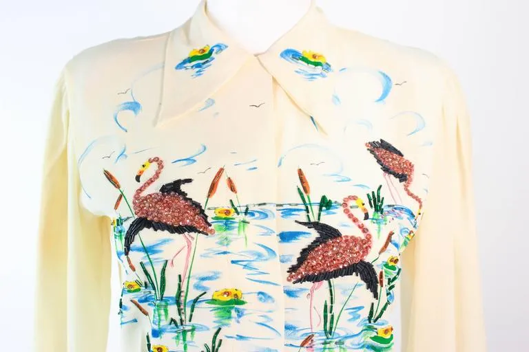 ART ORIGINALS CALIFORNIA 1950s Hand Painted Silk Ivory Blouse