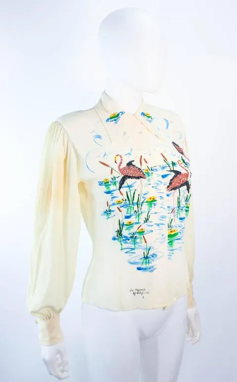 ART ORIGINALS CALIFORNIA 1950s Hand Painted Silk Ivory Blouse