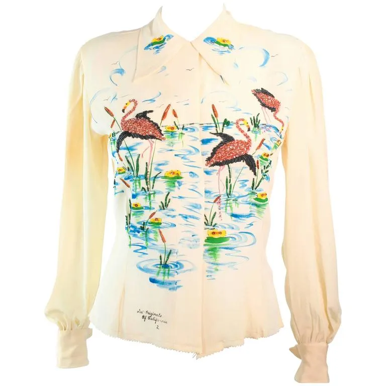 ART ORIGINALS CALIFORNIA 1950s Hand Painted Silk Ivory Blouse