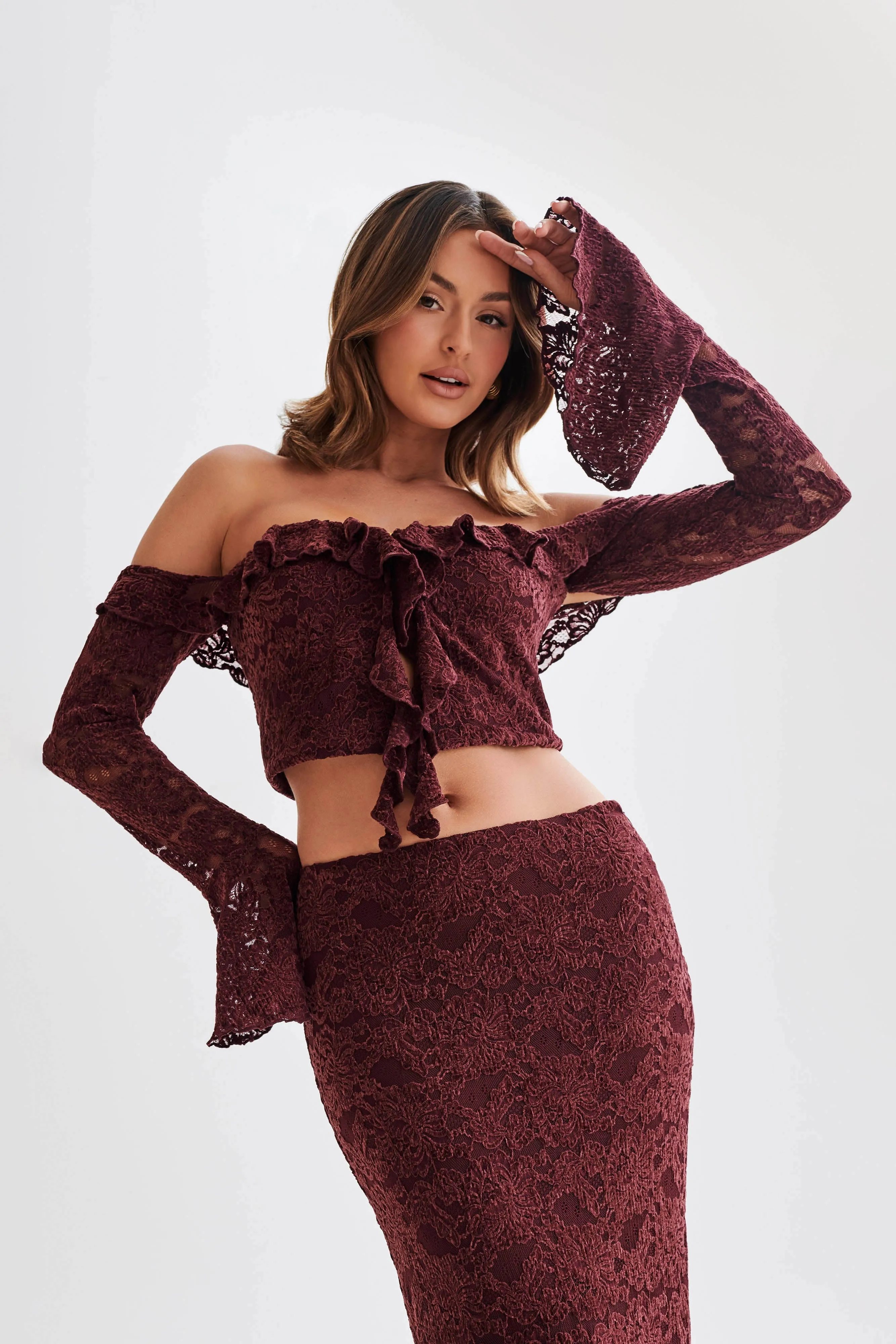 Artemis Lace Plisse Off Shoulder Top - Plum