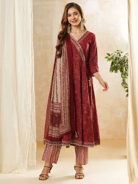 Bandhani Foil Printed & Embroidered Anarkali Kurta with Pant & Dupatta - Maroon