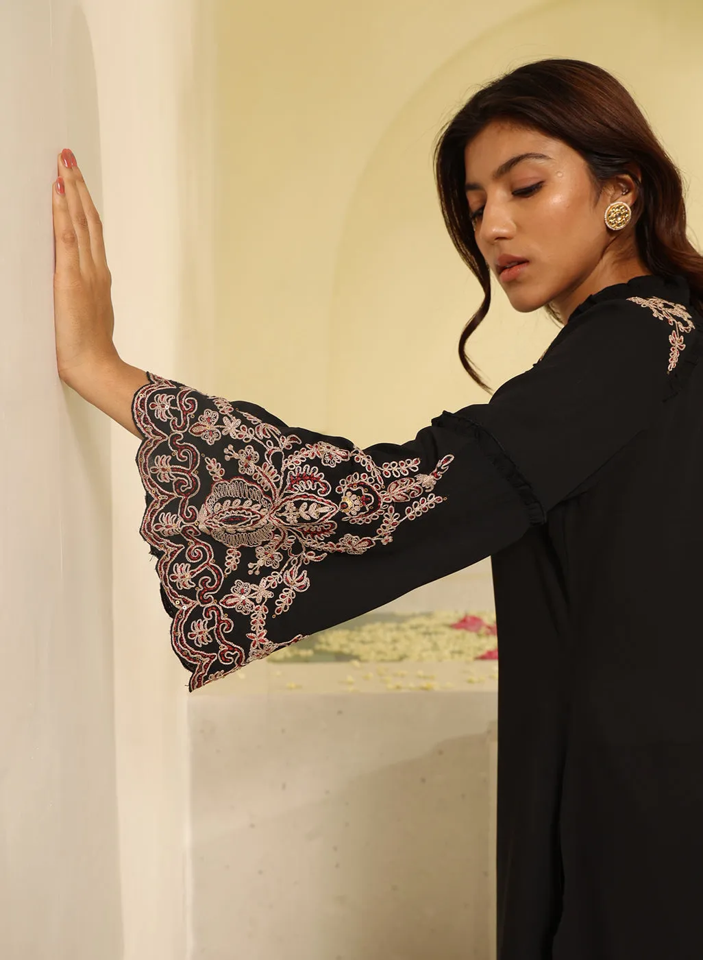 Black Embroidered Tunic with Button Detailing