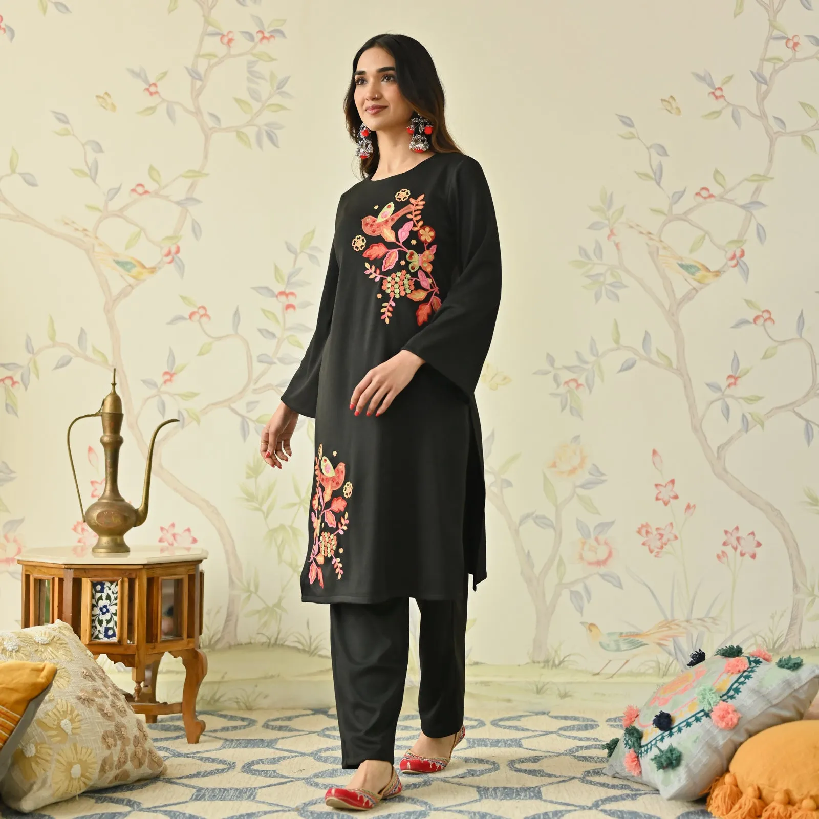 Black Woollen Aari Embroidered Floral Kurta with Flared Sleeves