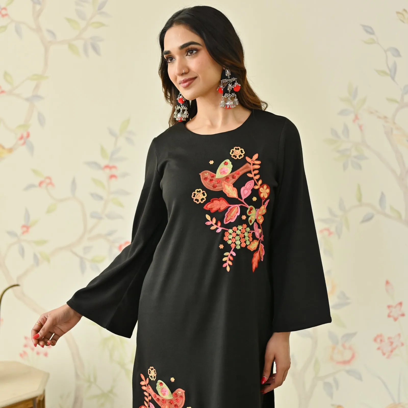 Black Woollen Aari Embroidered Floral Kurta with Flared Sleeves