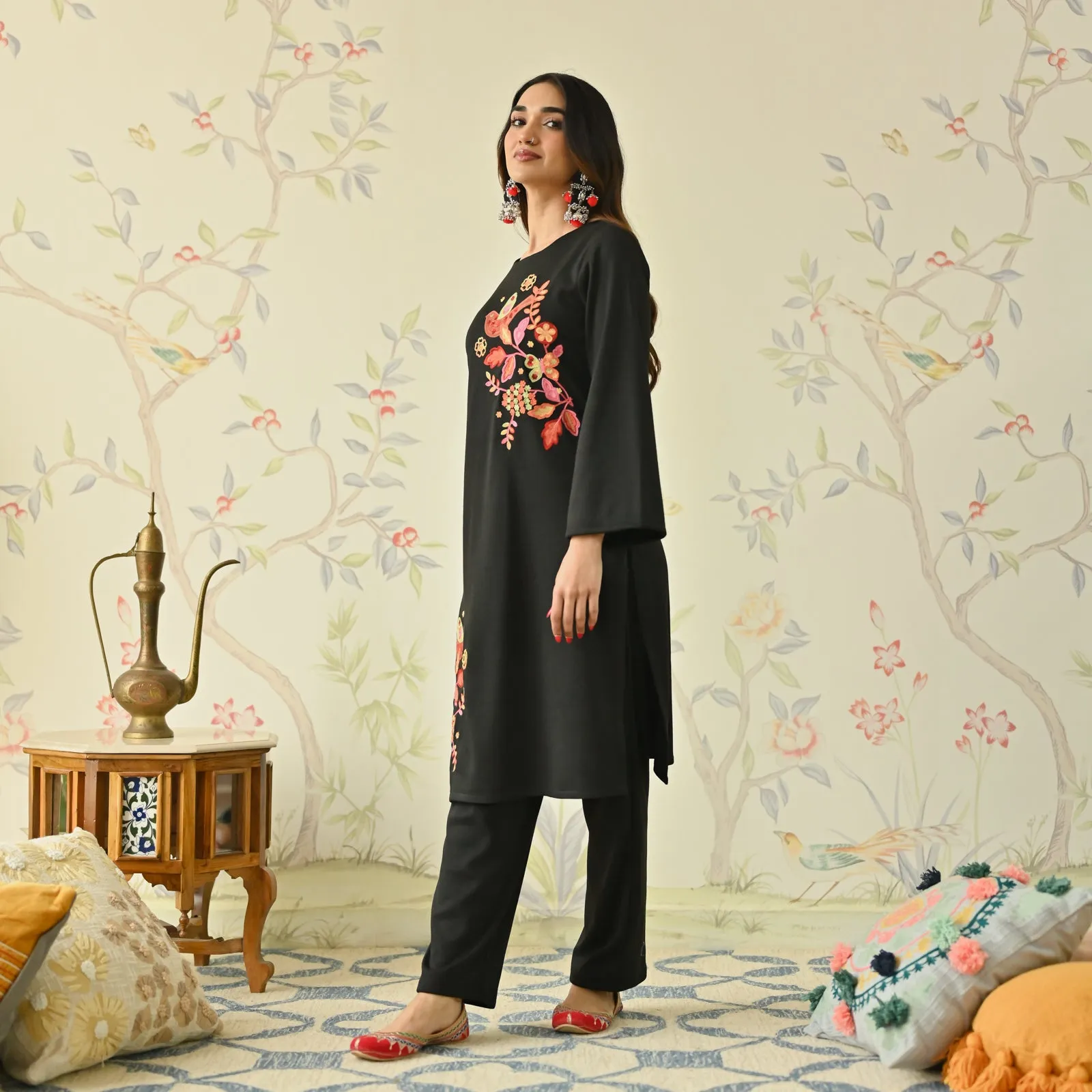 Black Woollen Aari Embroidered Floral Kurta with Flared Sleeves