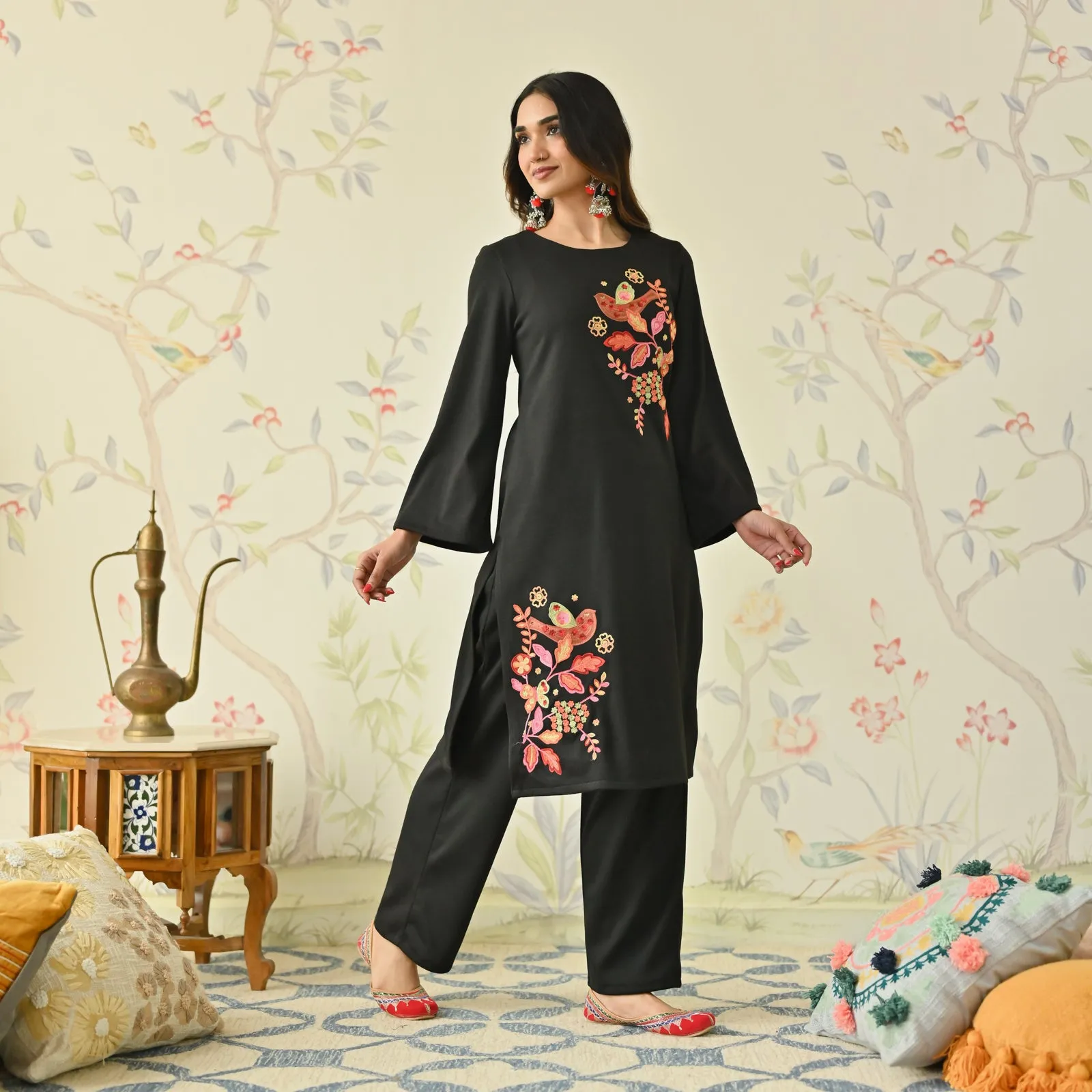 Black Woollen Aari Embroidered Floral Kurta with Flared Sleeves