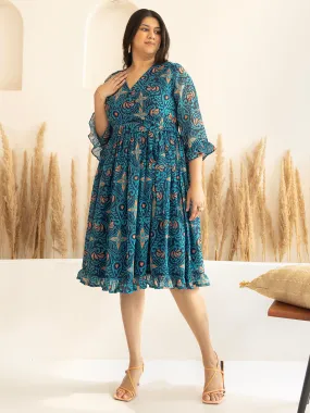 Blue Dobby Georgette Ikat Printed Flared Dress