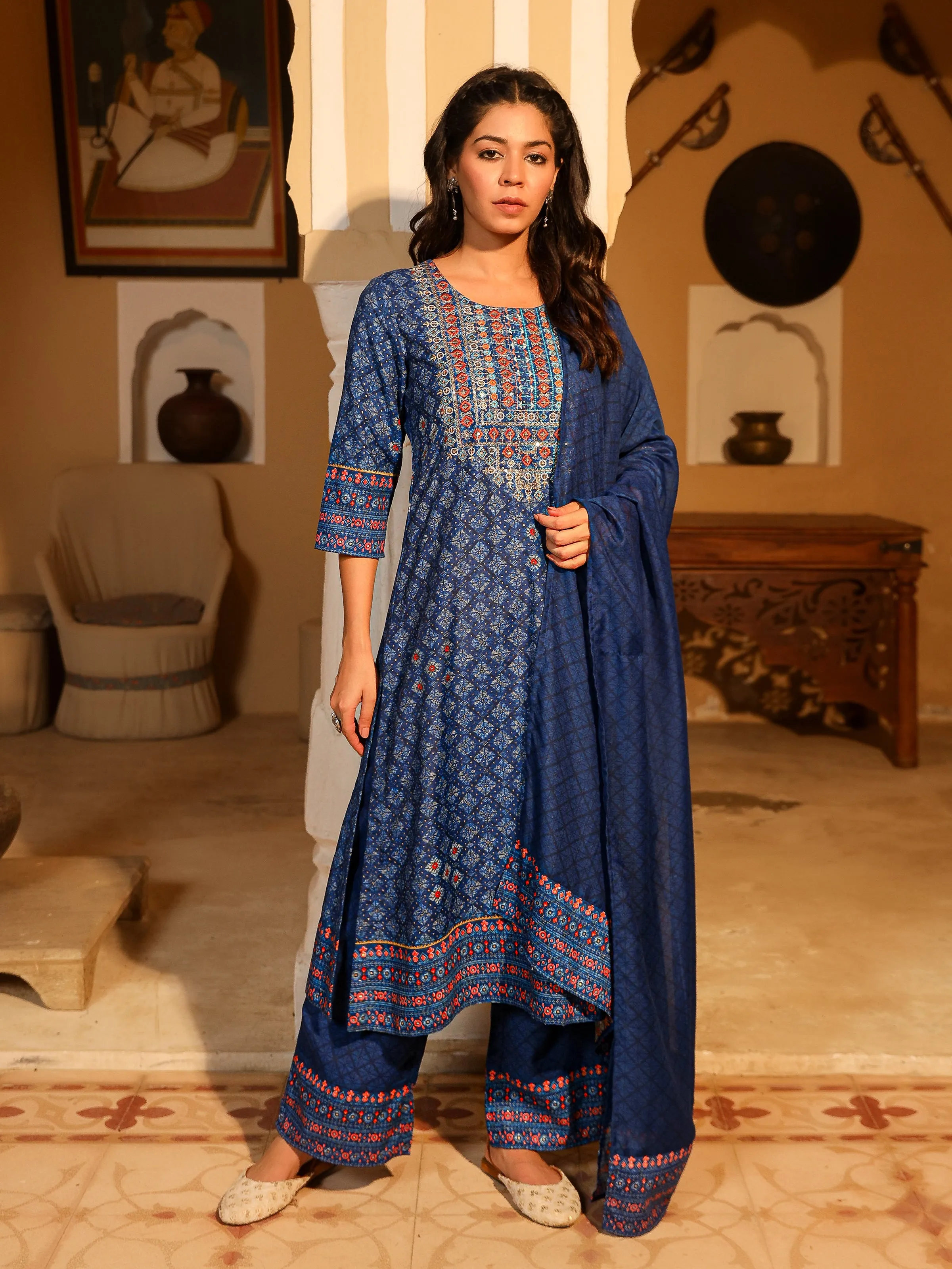 Blue Ethnic Motif Printed Polycotton Kurta Pant And Dupatta Set With Thread Zari Work & Sequins