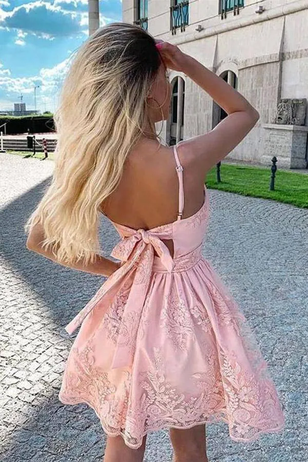 Blush Pink Lace A-line V-neck Spaghetti Straps Homecoming Dresses, SH555