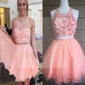 Blush pink two pieces beaded off shoulder sweet 16 cute cocktail graduation homecoming prom dresses, BD00195