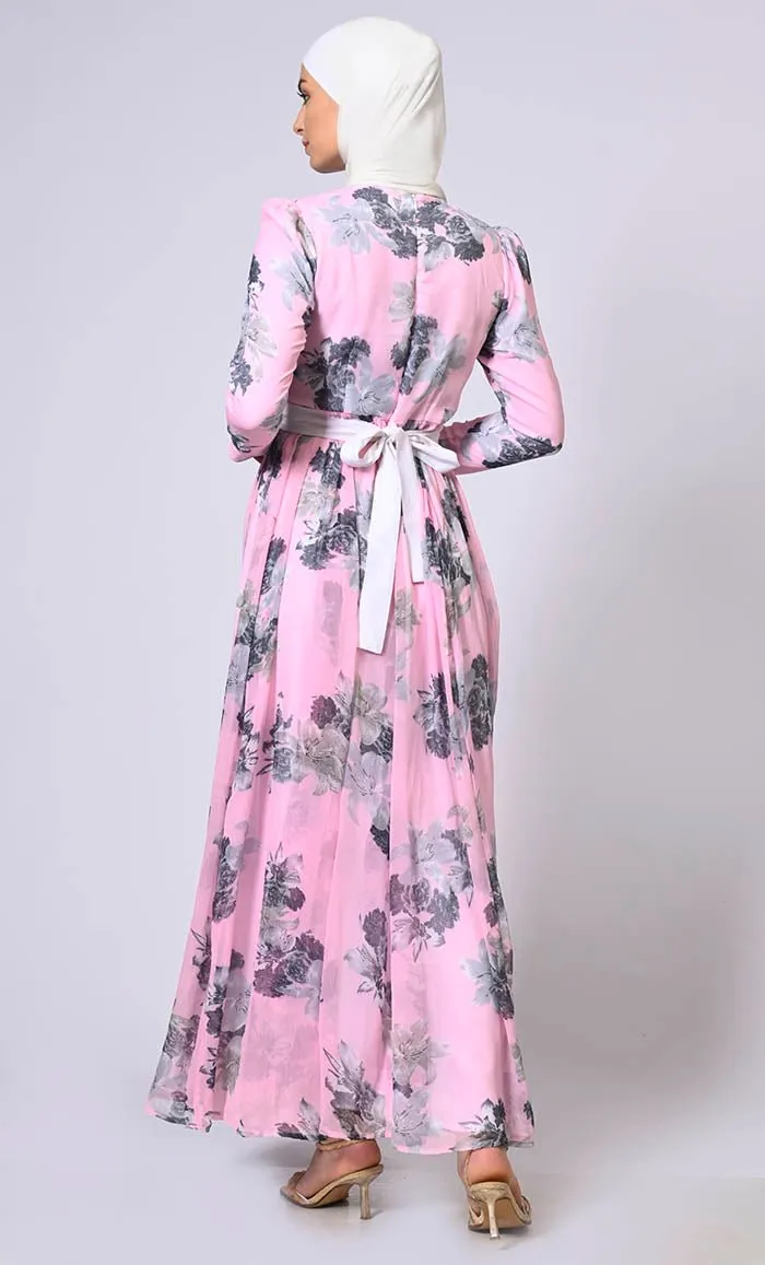 Blushing Pink Floral Printed Flared Abaya with Detachable Belt