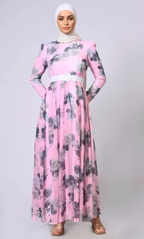 Blushing Pink Floral Printed Flared Abaya with Detachable Belt