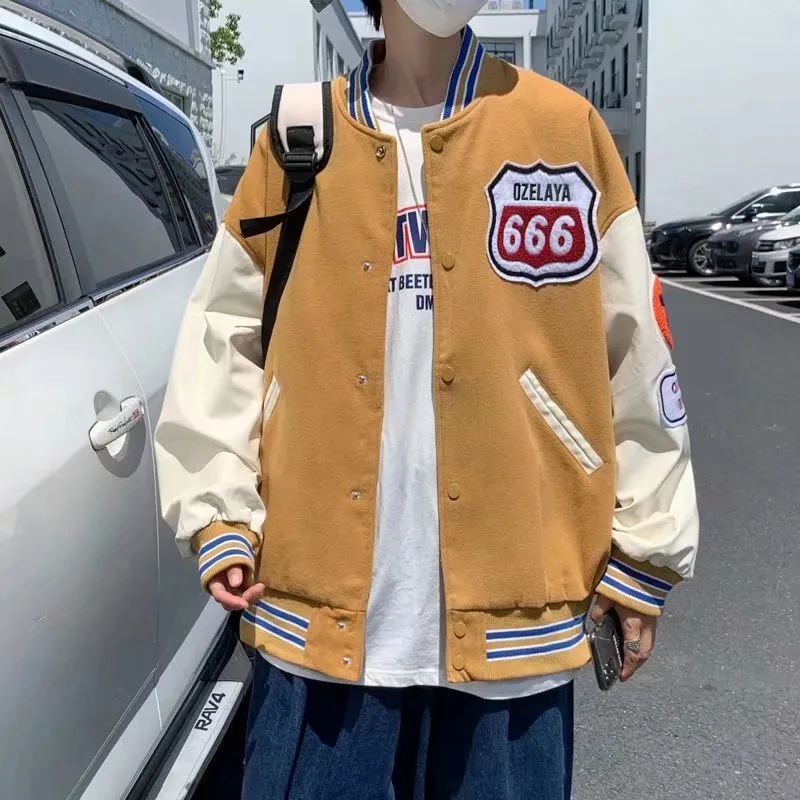 Bonsir 90s Fashion Men Baseball Jacket Men's Spring and Autumn Loose Korean Style Trendy Ins Stitching Contrast Color Letter Casual Top Coat