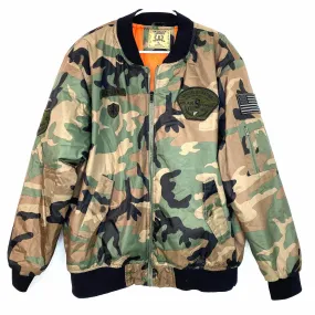 Brooklyn Laundry Mens Size XL Bomber Jacket Green Camouflage Orange Lining