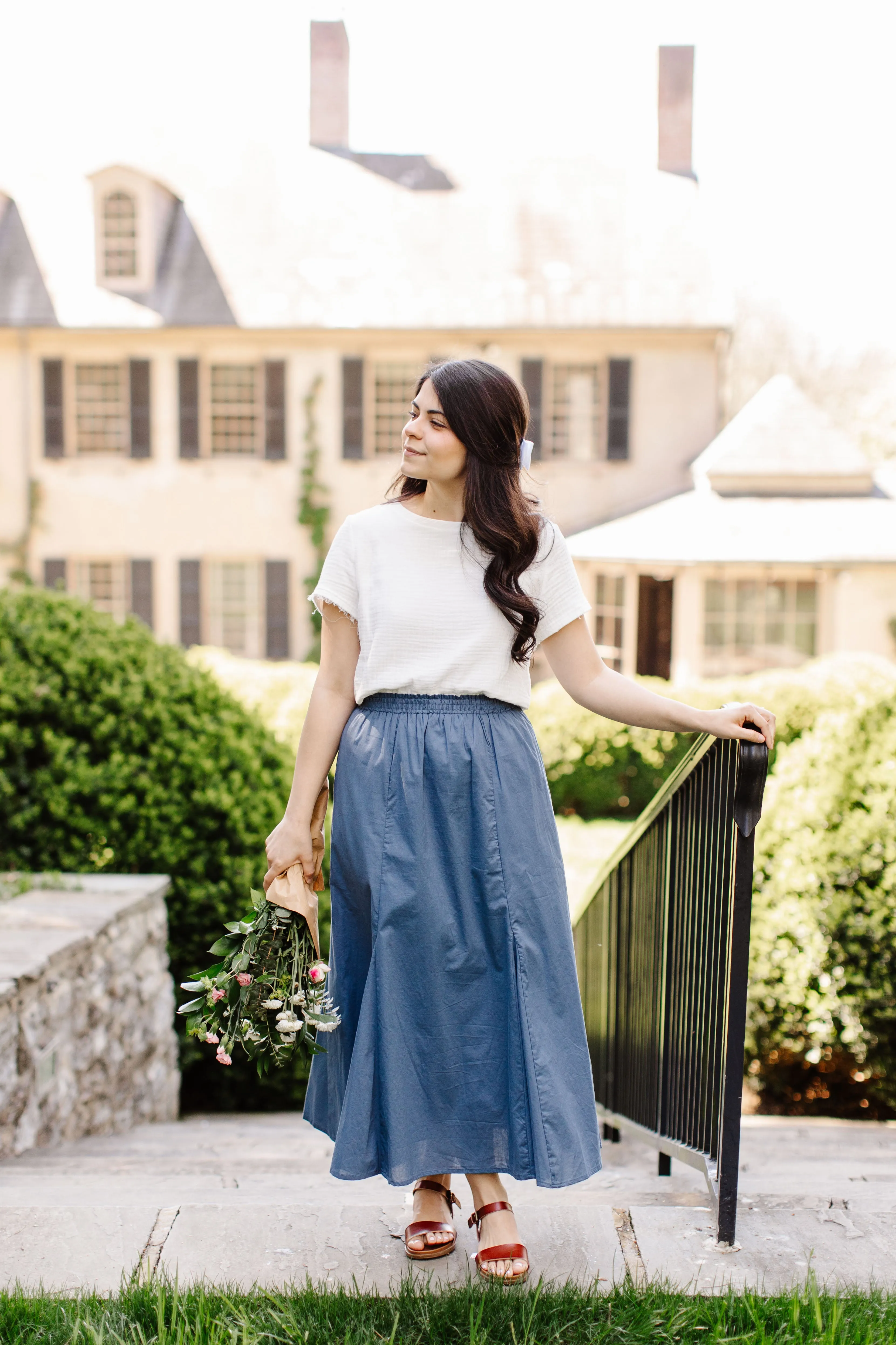 'Celia' Godet Flared Midi Skirt in Dusty Blue FINAL SALE