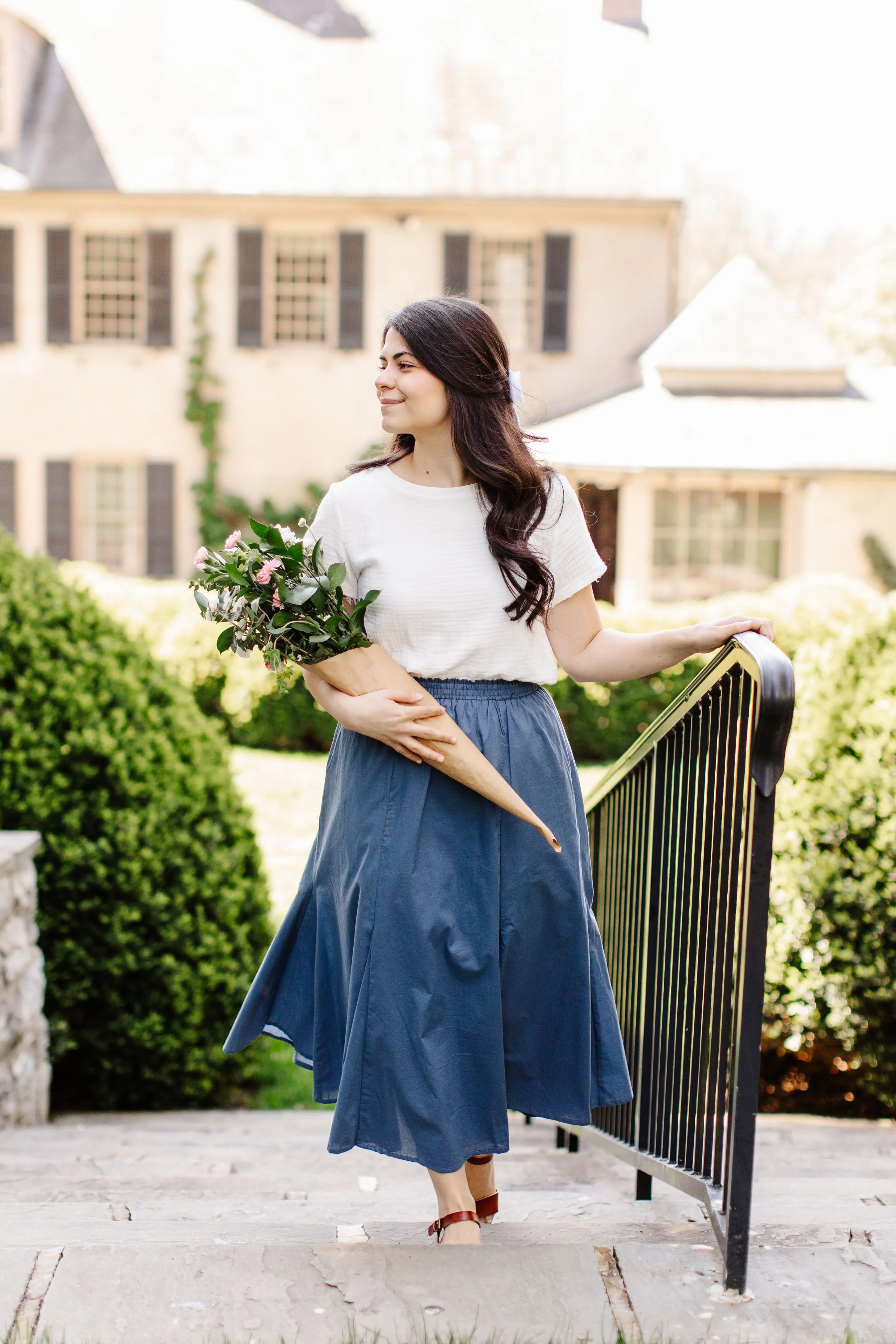 'Celia' Godet Flared Midi Skirt in Dusty Blue FINAL SALE