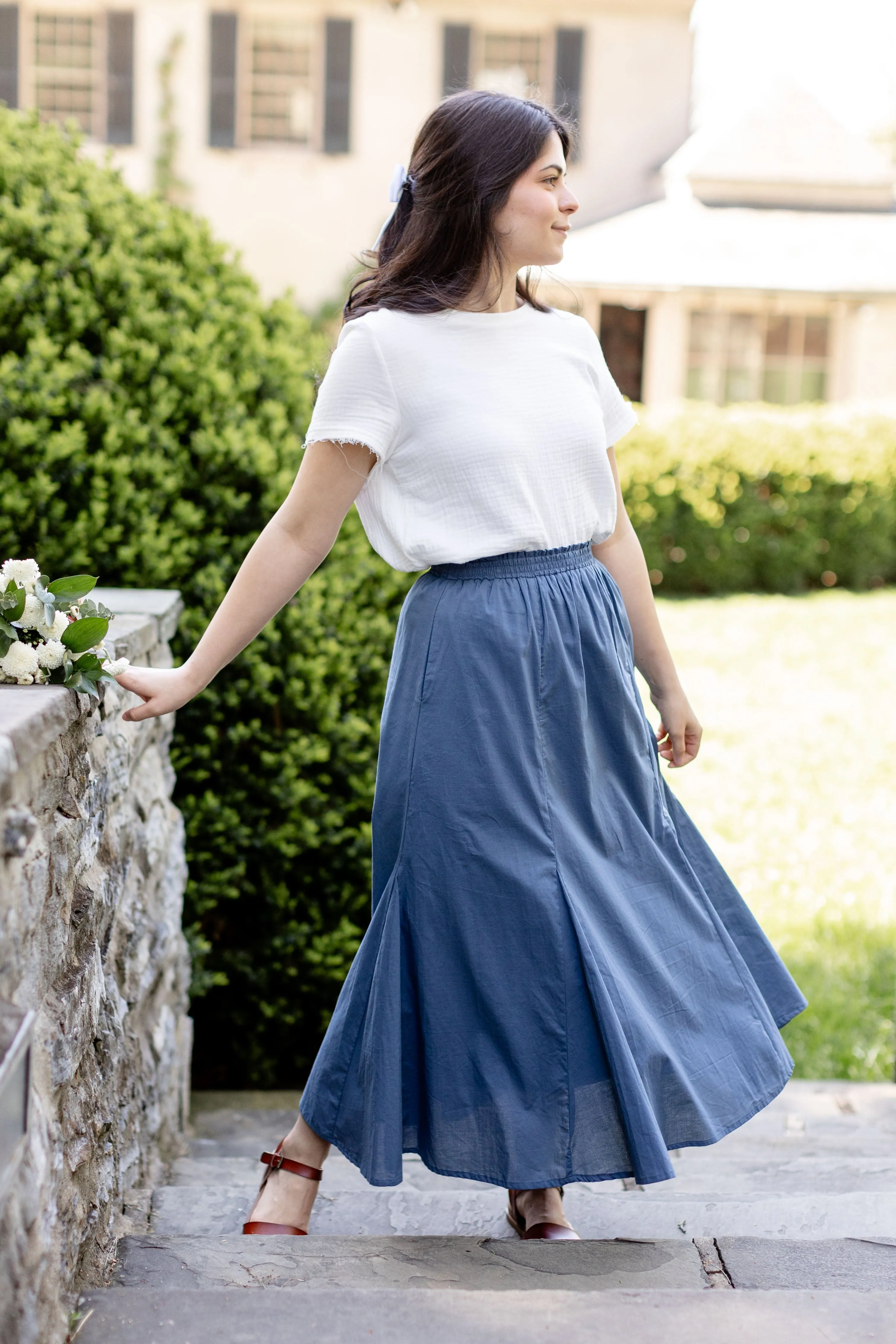 'Celia' Godet Flared Midi Skirt in Dusty Blue FINAL SALE