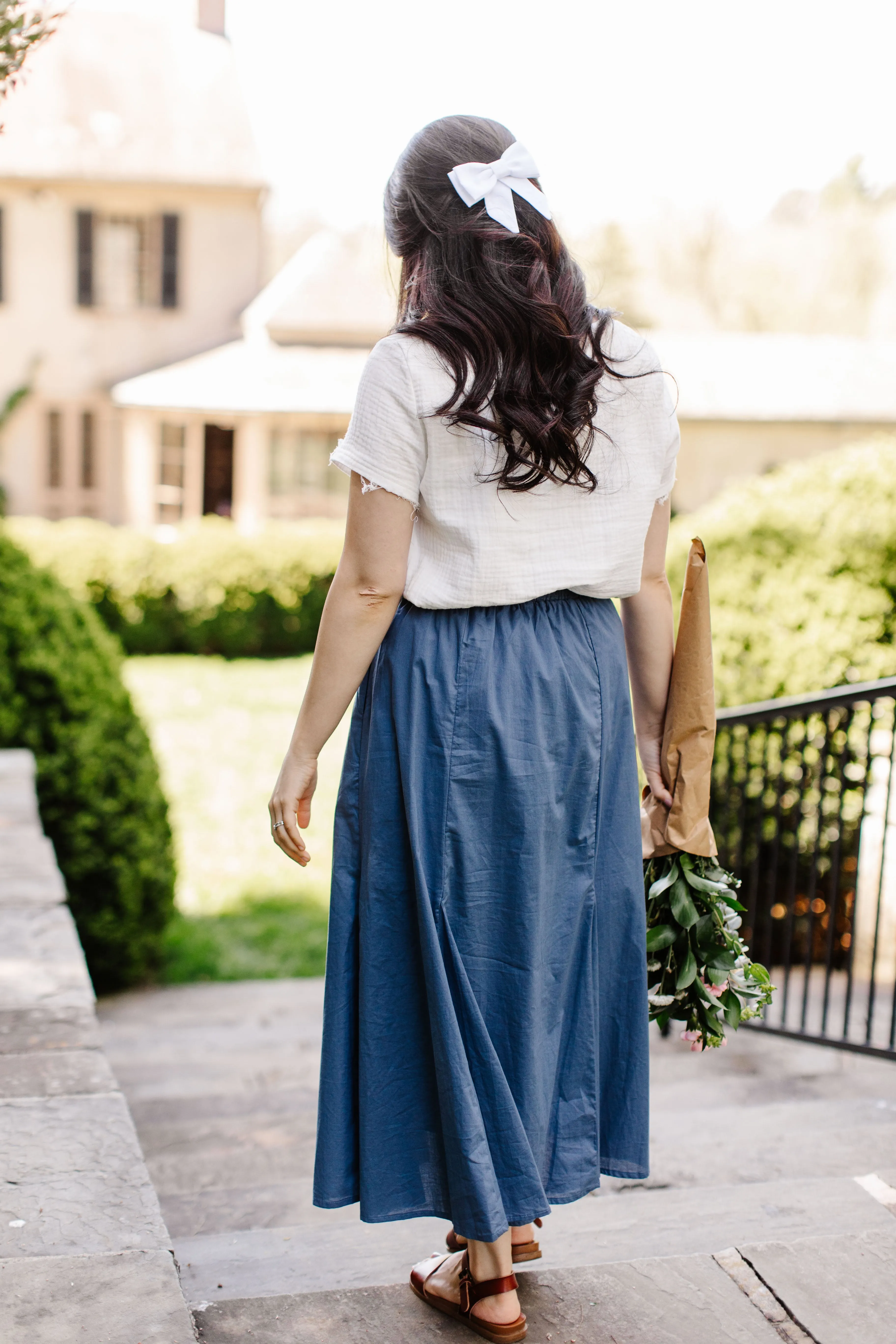 'Celia' Godet Flared Midi Skirt in Dusty Blue FINAL SALE