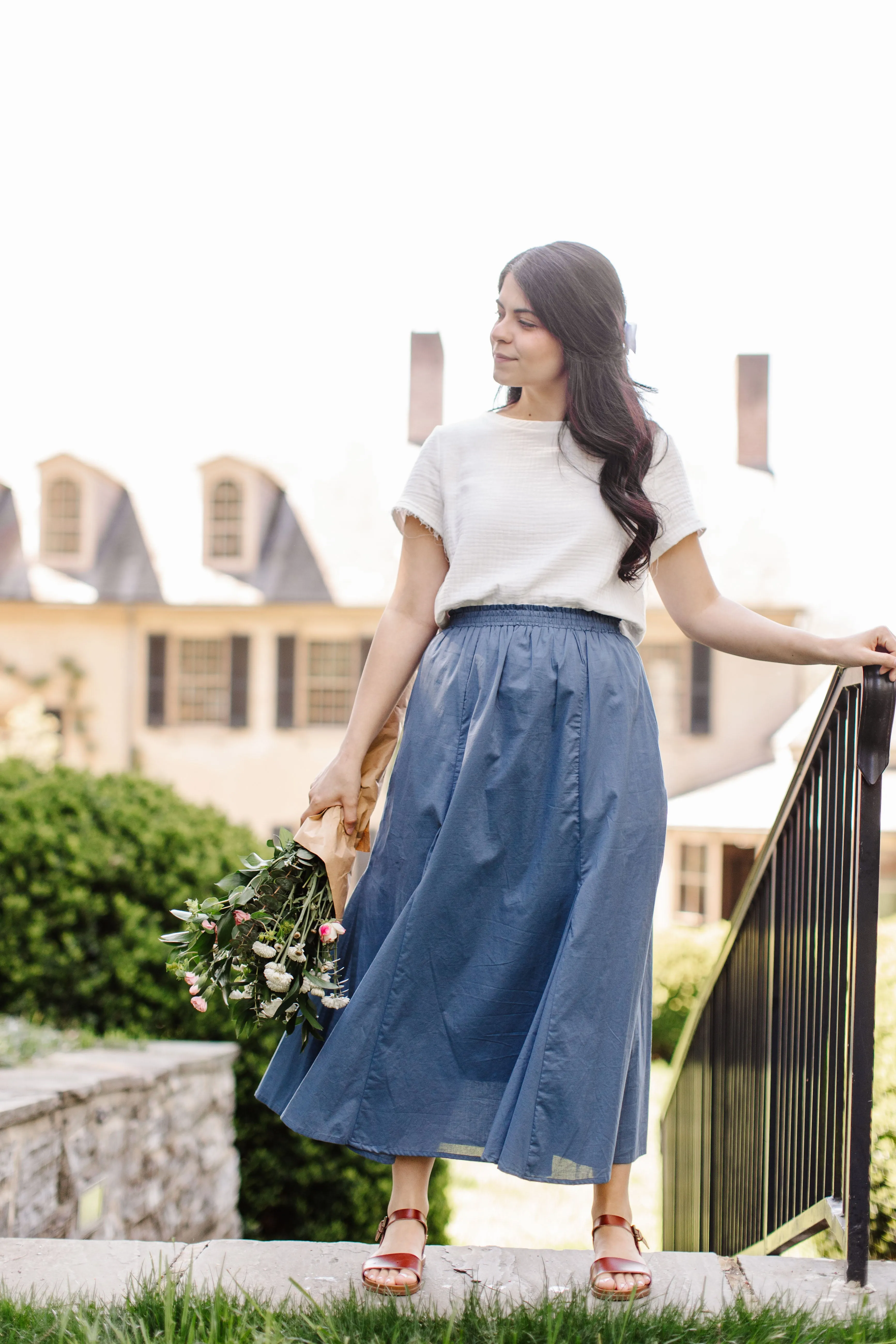 'Celia' Godet Flared Midi Skirt in Dusty Blue FINAL SALE