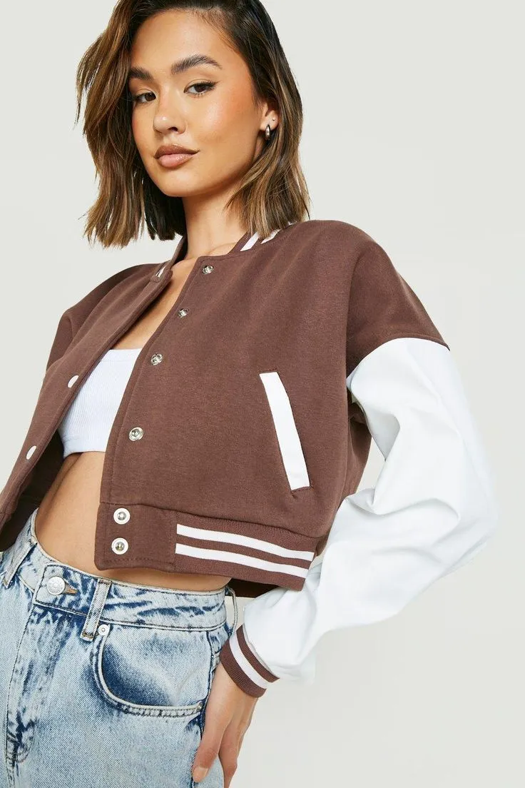 Cropped Varsity Jacket Brown