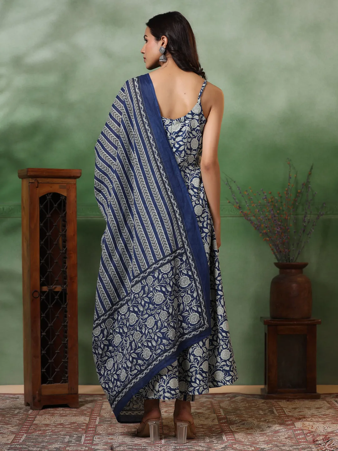 Ethnic Block Printed Anarkali Kurta with Pant & Pure Cotton Dupatta - Blue