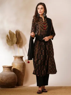 Ethnic Floral Printed A-Line Peated Kurta with Pant & Dupatta - Black